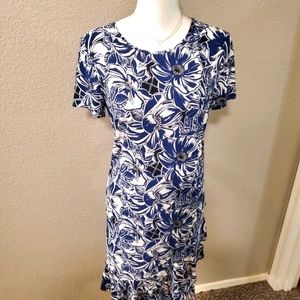 Dressbarn Navy Blue & White Ruffle Hem Dress Size Medium